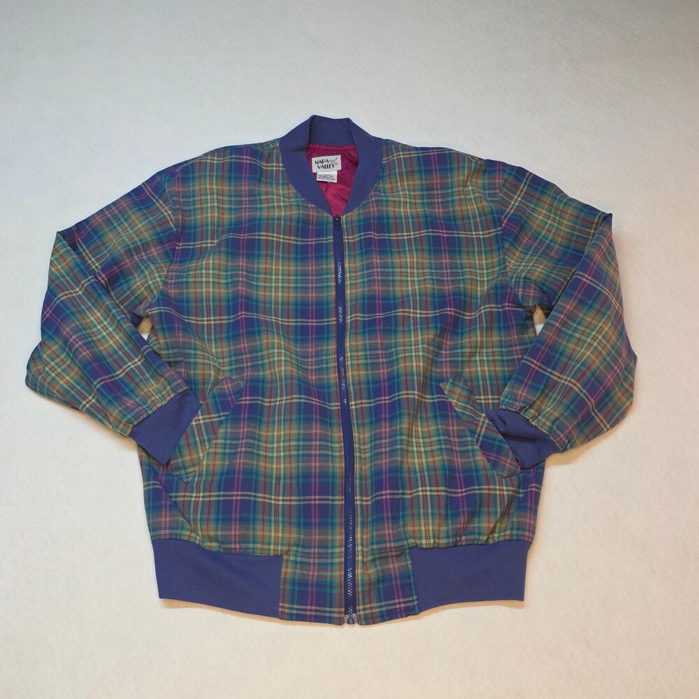 VTG Napa Valley Plaid Bomber Jacket Large Teal Purple Jewel Tone Zip 90s